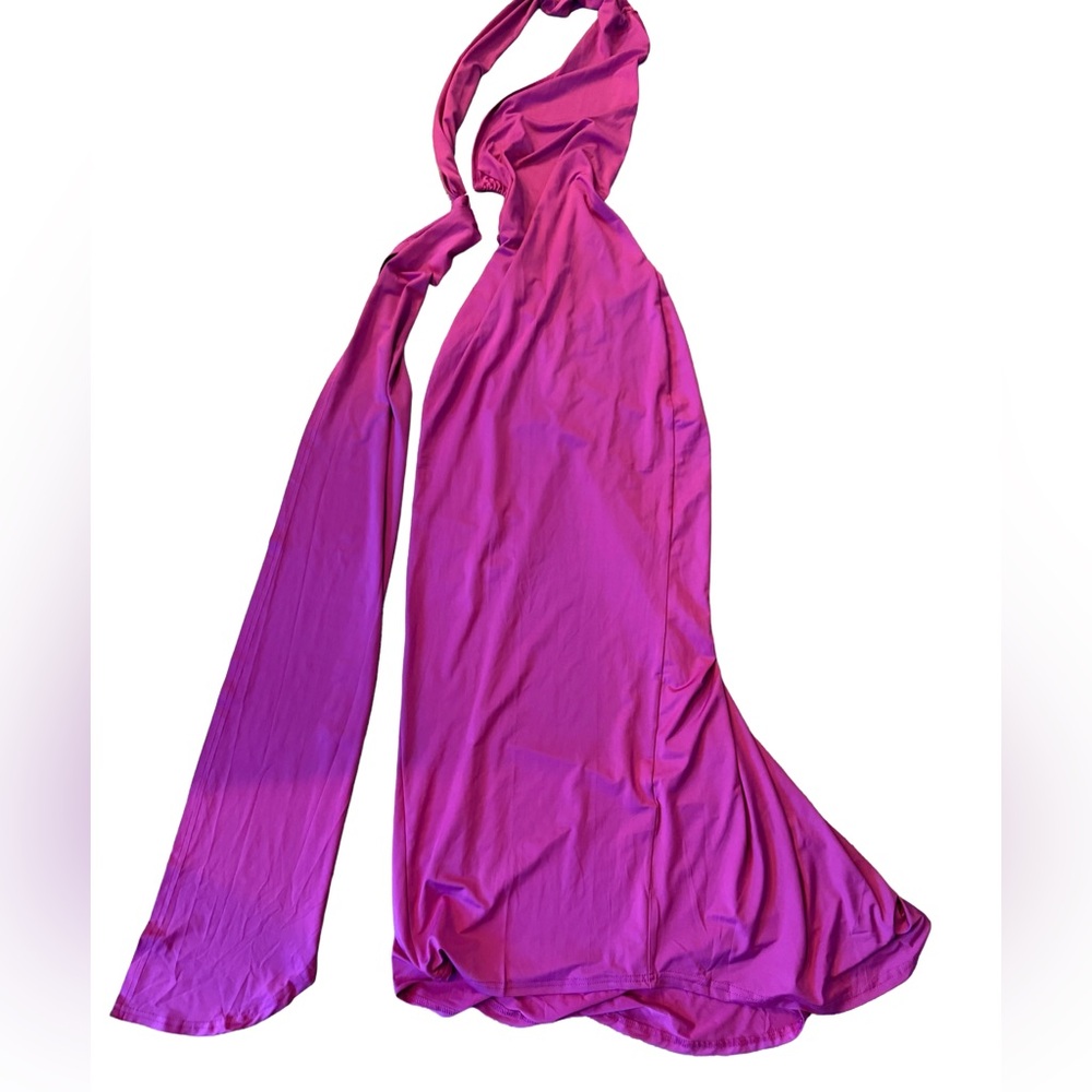 Magenta Halter Neck Maxi Dress Long Sash Wrap Detail Size XXS